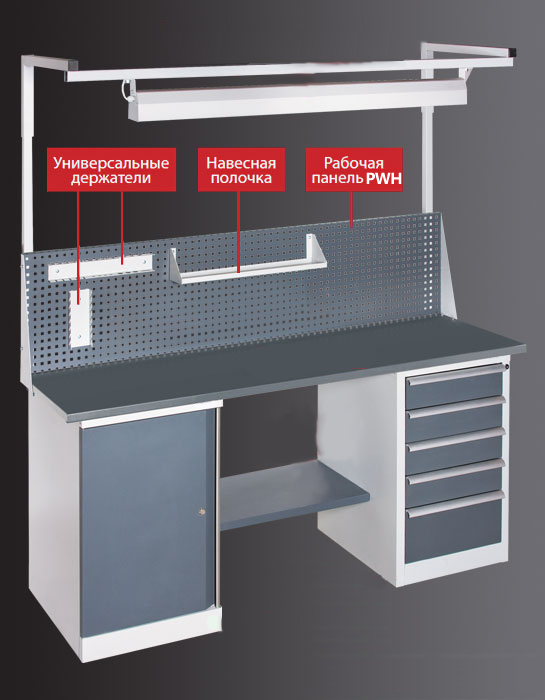 Панель рабочая для верстака PWH (с полочкой и двумя держателями)